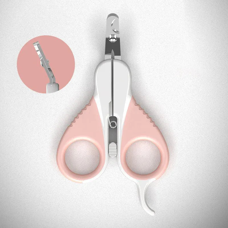Grey and pink angled cat nail clippers with safety guard for small pets