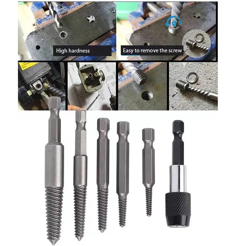 Silver household hexagonal handle screw extractor suit 12 pieces on a wooden surface