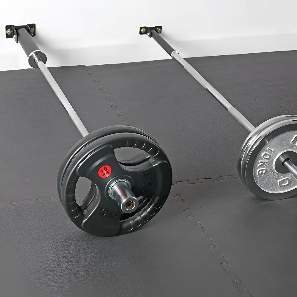 Steel wall barbell rack holding multiple bars, showing 25 tube capacity.