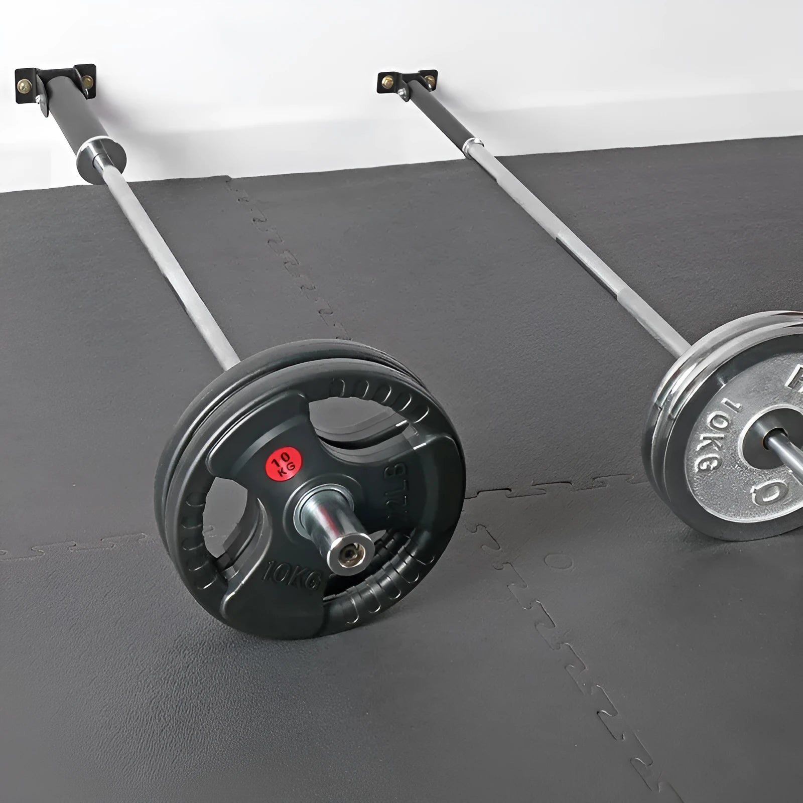 Steel wall barbell rack holding multiple bars, showing 25 tube capacity.