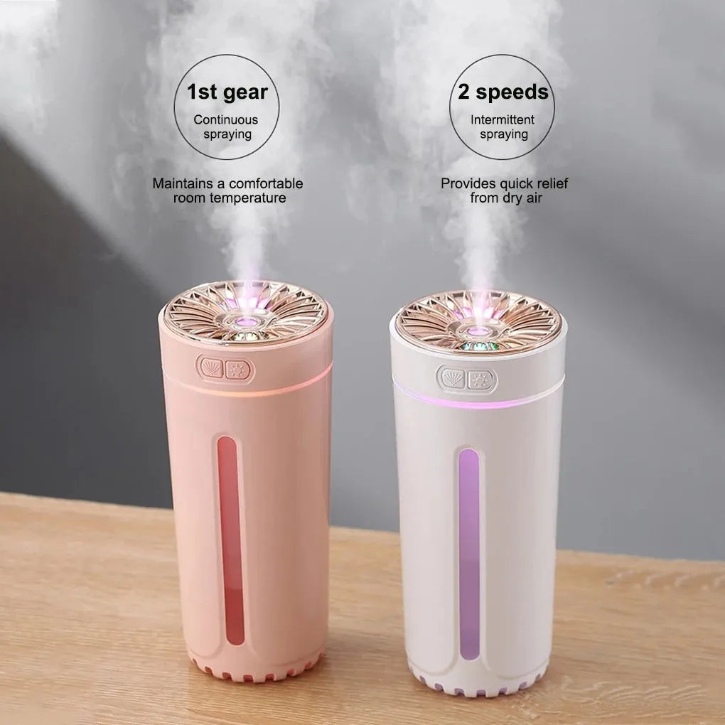 Black portable wireless ultrasonic humidifier with colourful LED lights on a car cup holder.