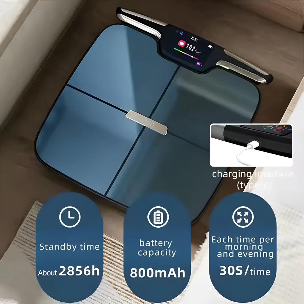 Black eight-electrode intelligent body fat weighing scale on a floor.