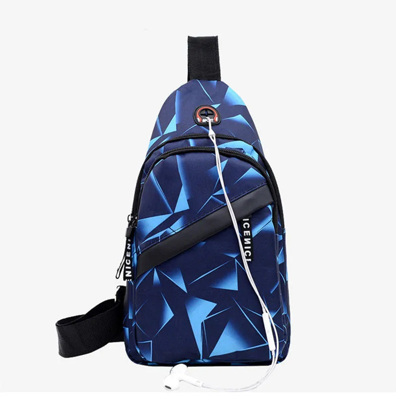 Black print sling chest crossbody bag with earphone hole and zipper pocket.