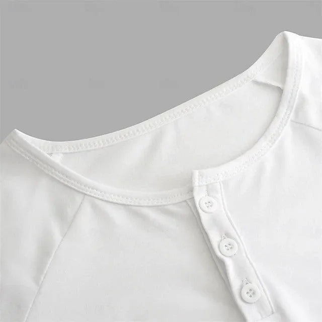 Men's white Henry collar long-sleeved cotton blend t-shirt laid flat.