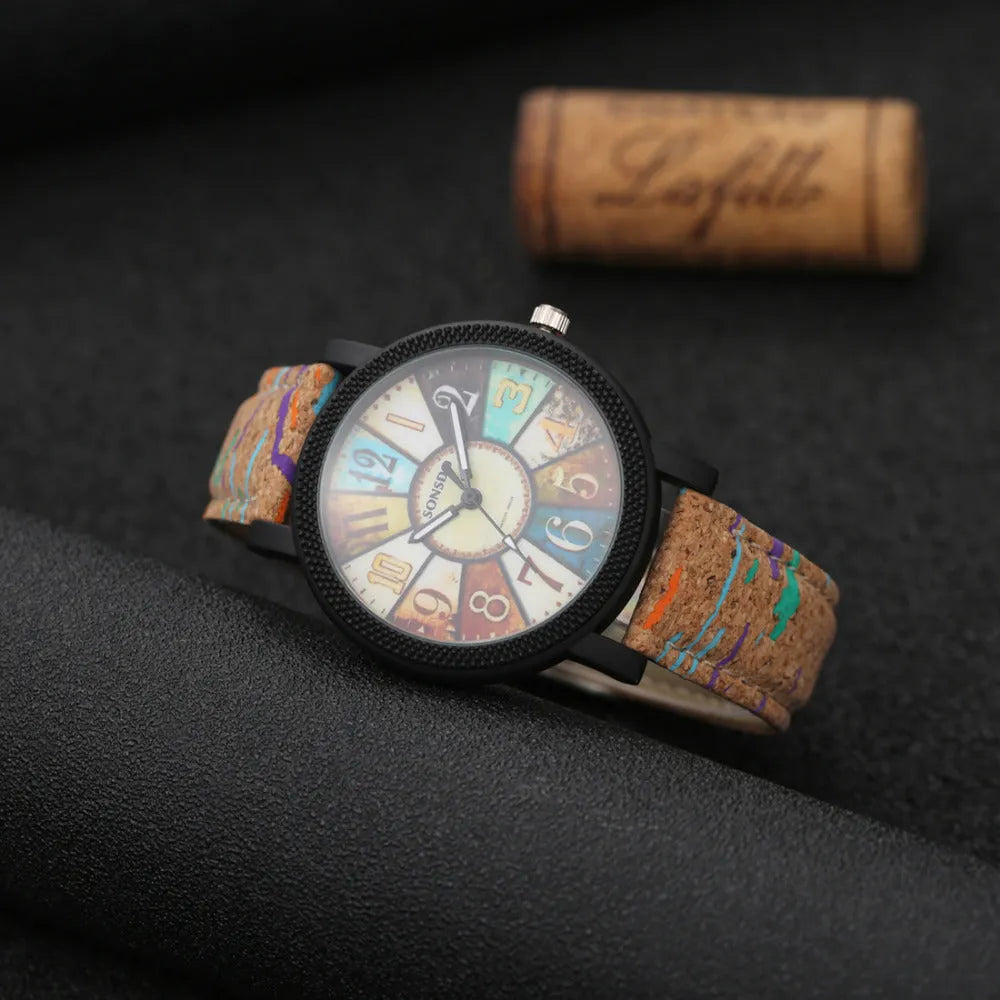Women's vintage style quartz watch with brown leather strap and 37mm round dial