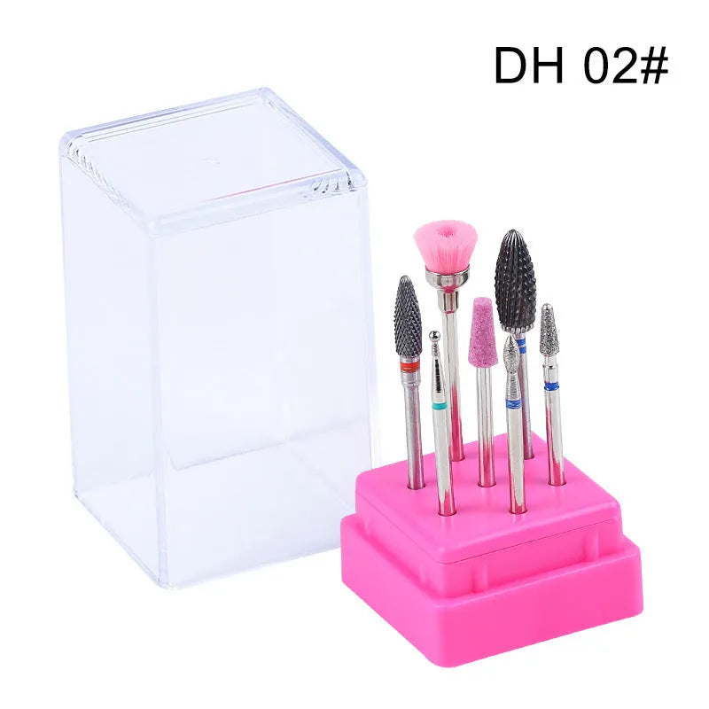 Seven piece tungsten steel alloy nail polishing head drill bit set with transparent storage case for manicure and pedicure.