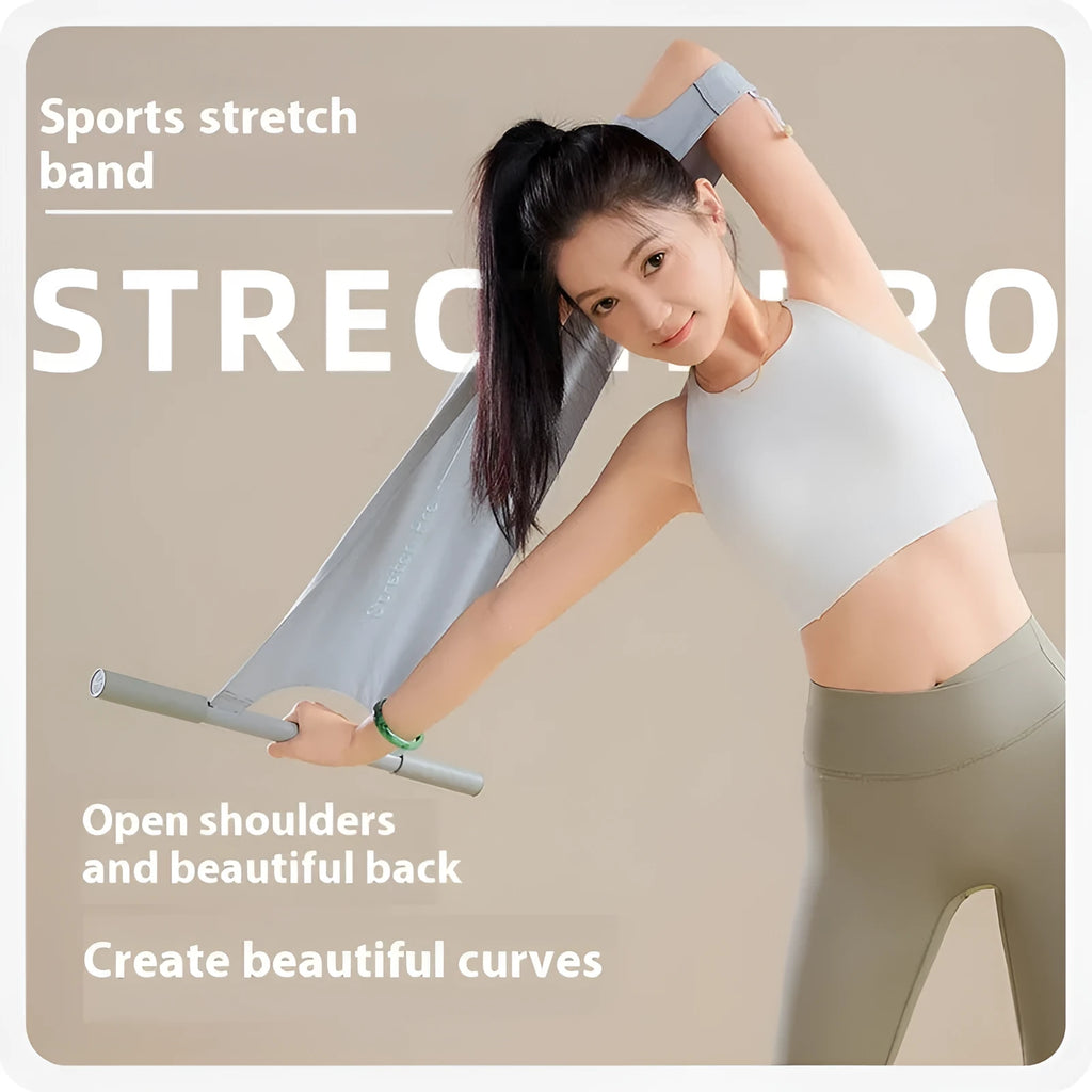 Grey or pink yoga stretching tool for open shoulder, back and hip flexibility exercises