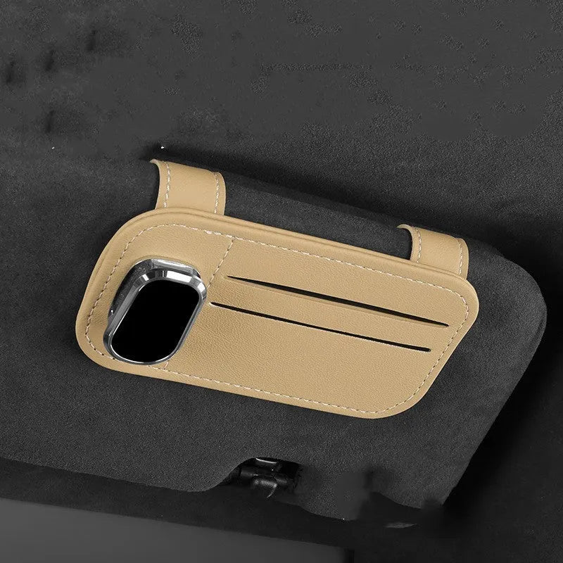Cowhide leather car sun visor card holder with attached glasses clip in beige colour