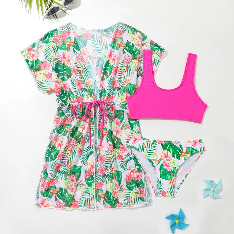 Girls' floral two-piece swimsuit with matching split overlayer in polyester fabric
