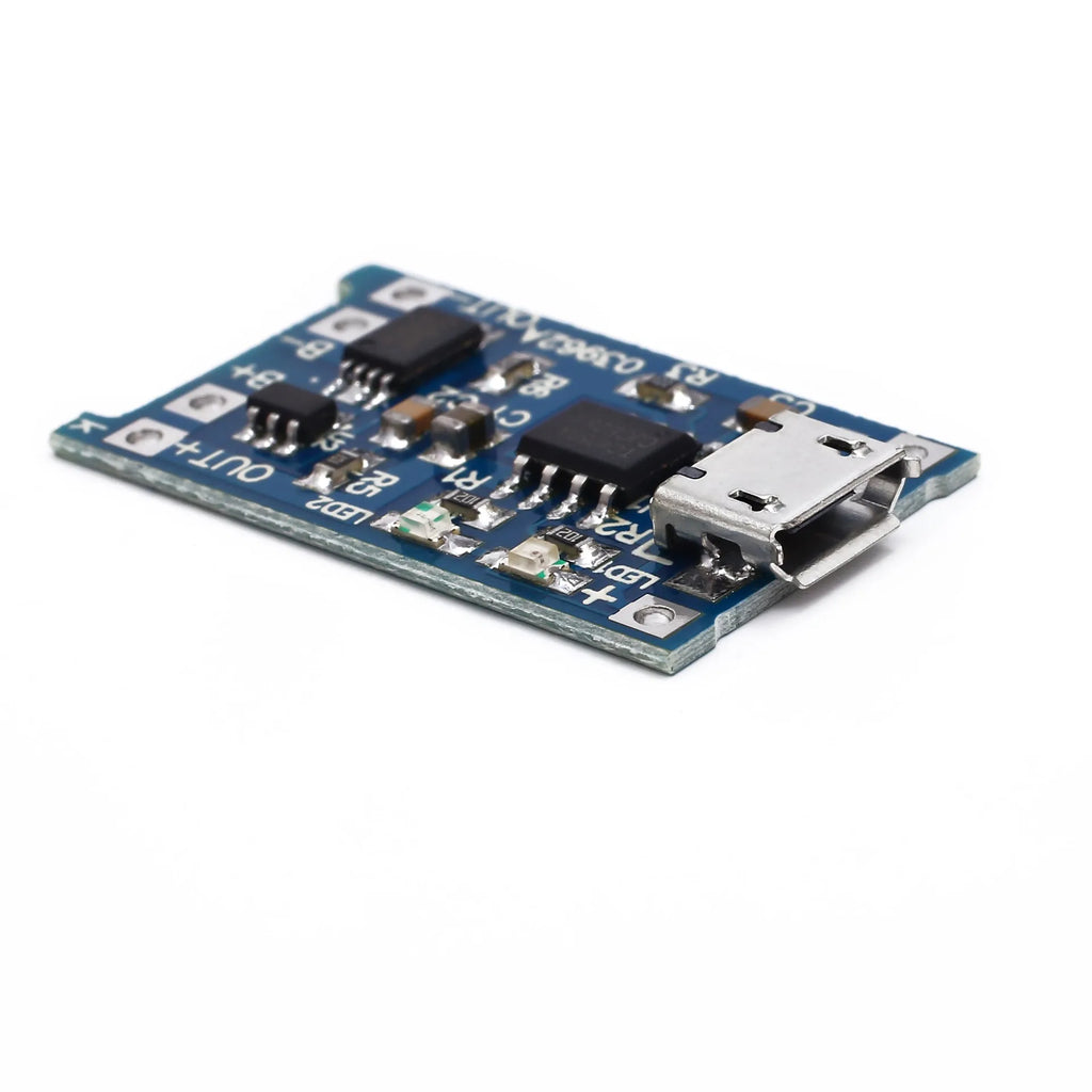 Blue lithium battery charging and protection circuit board measuring 2.6cm by 1.7cm