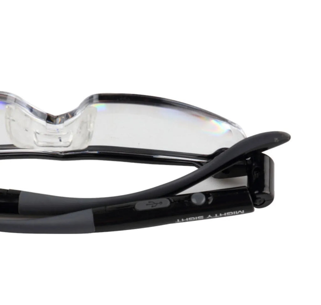 Transparent black reading glasses with a built-in USB LED light panel on the frame.