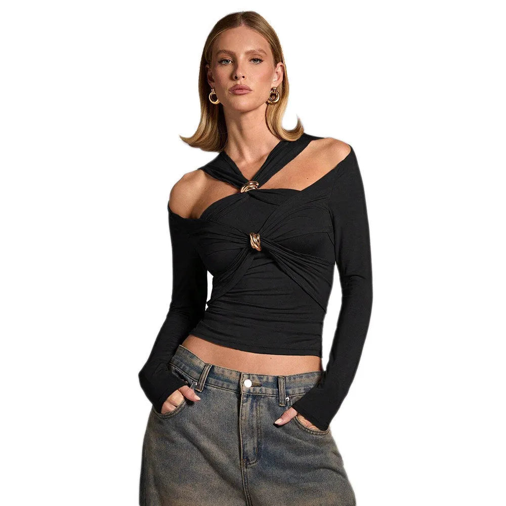 Black women's halter neck slim fit top with long sleeves on a mannequin.