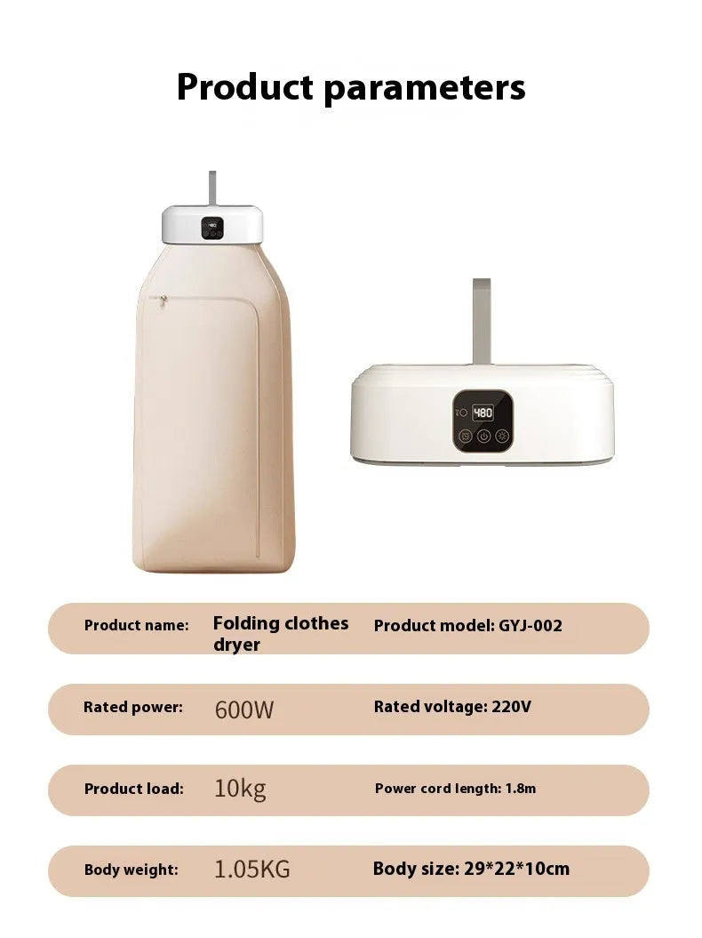 White cylindrical foldable clothes dryer with remote control showing compact 29cm height dimensions