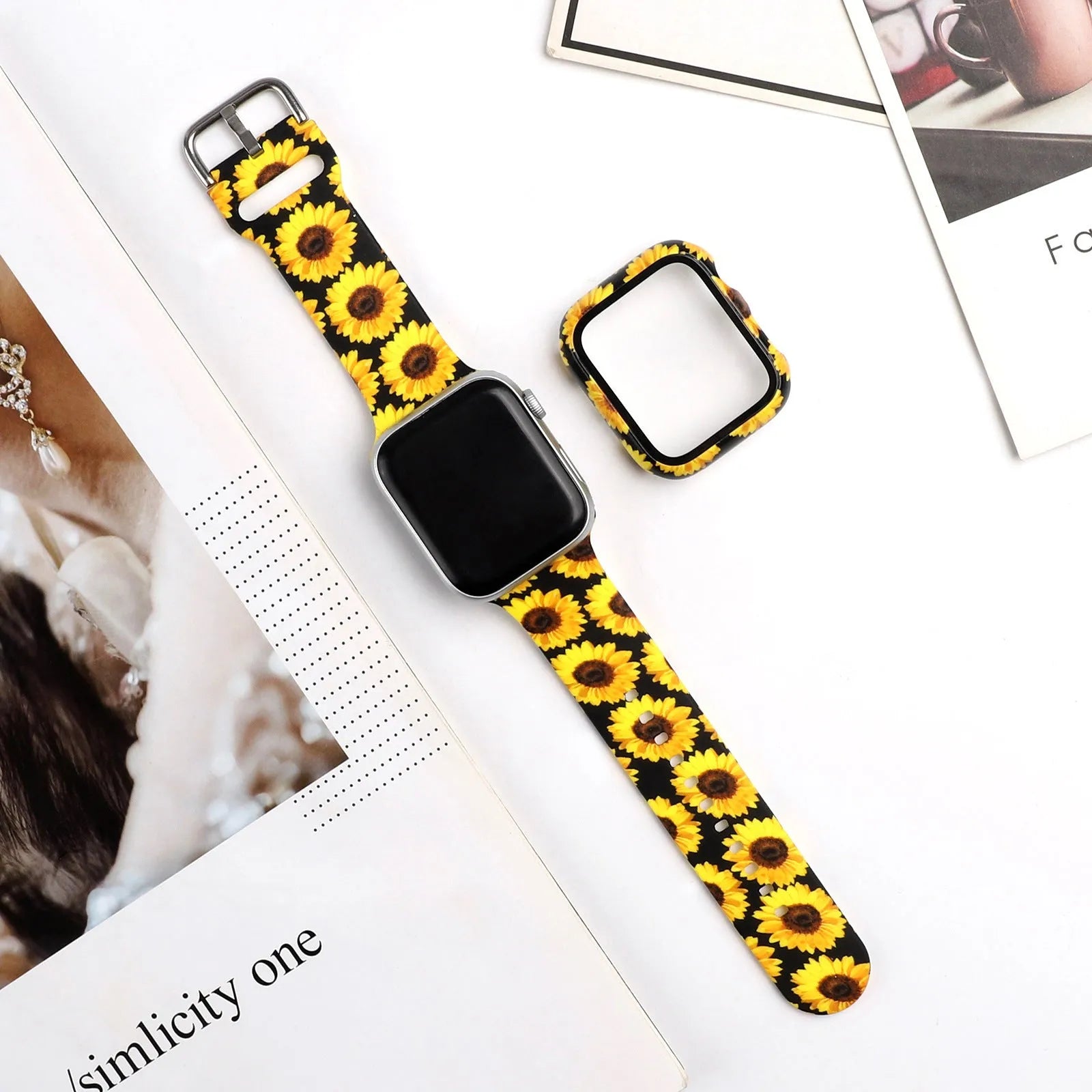 Printed silicone replacement strap for Apple Watch showing multiple design options