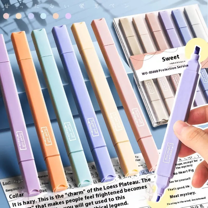 Set of double-ended fluorescent marker pens showing two coloured tips, in mixed and themed pack options.
