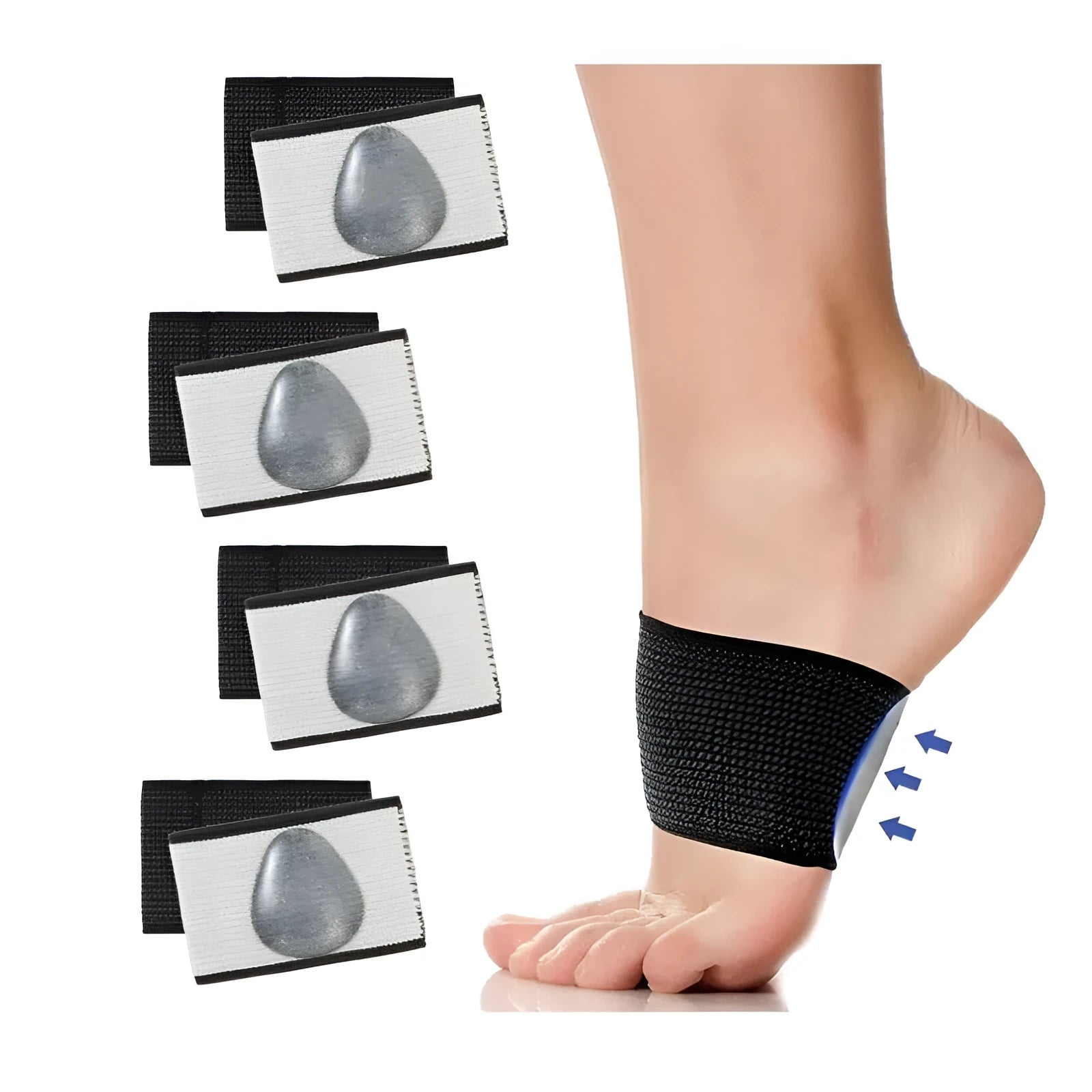 Elastic PU arch support bandage for flat feet, shown in heart style and ordinary style designs.