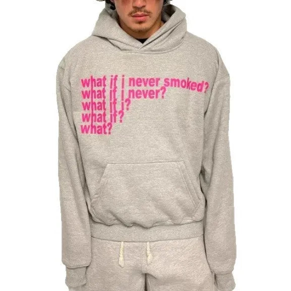 Black hooded sweater with white letter print pattern showing front view with hood up