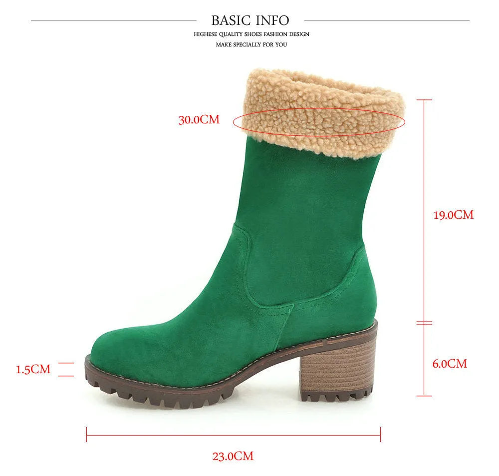 Women's snow boots with plush lining in black, grey, green, and orange colours
