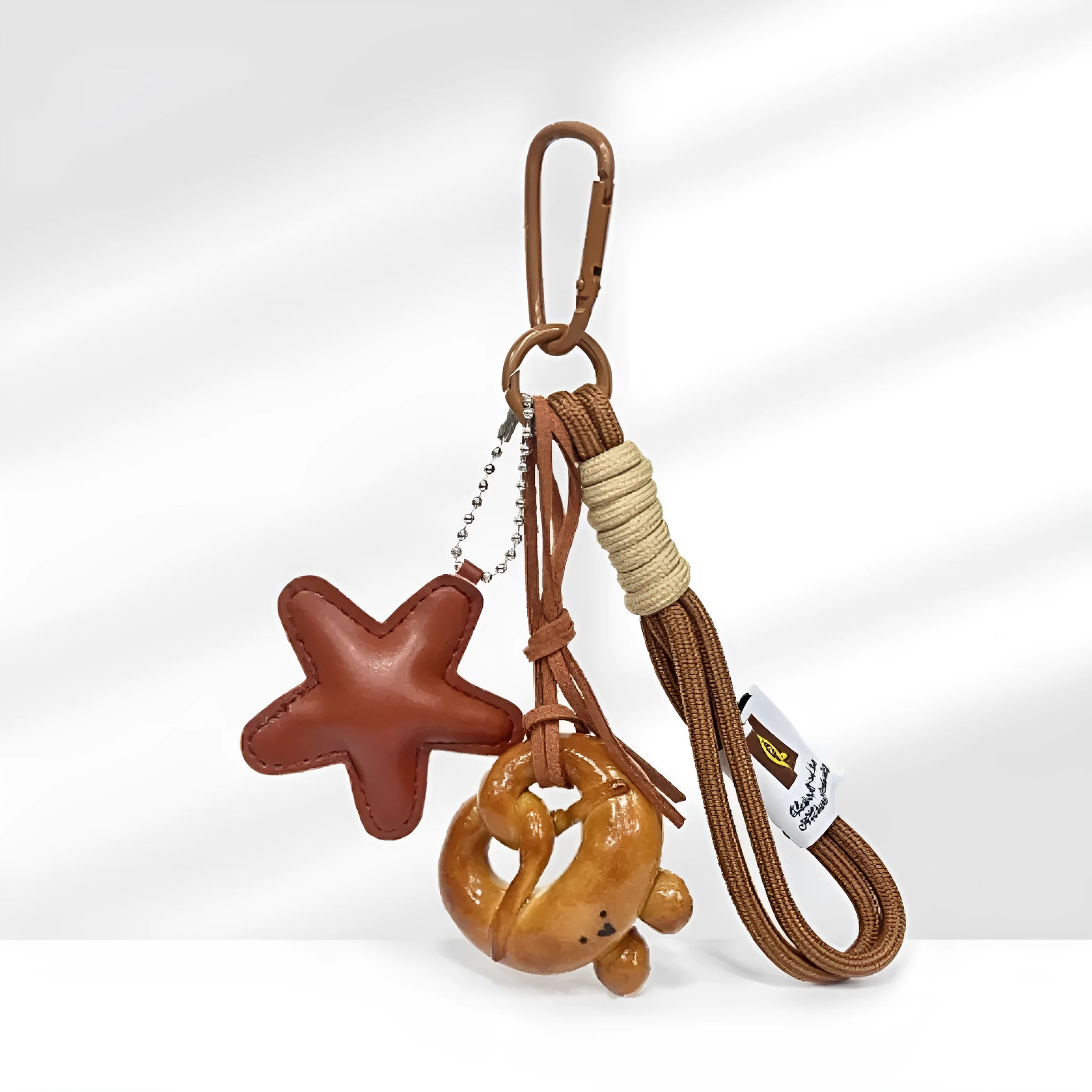 Handmade soda bread style handbag pendant with cartoon food design and brown adjustable carrying strap