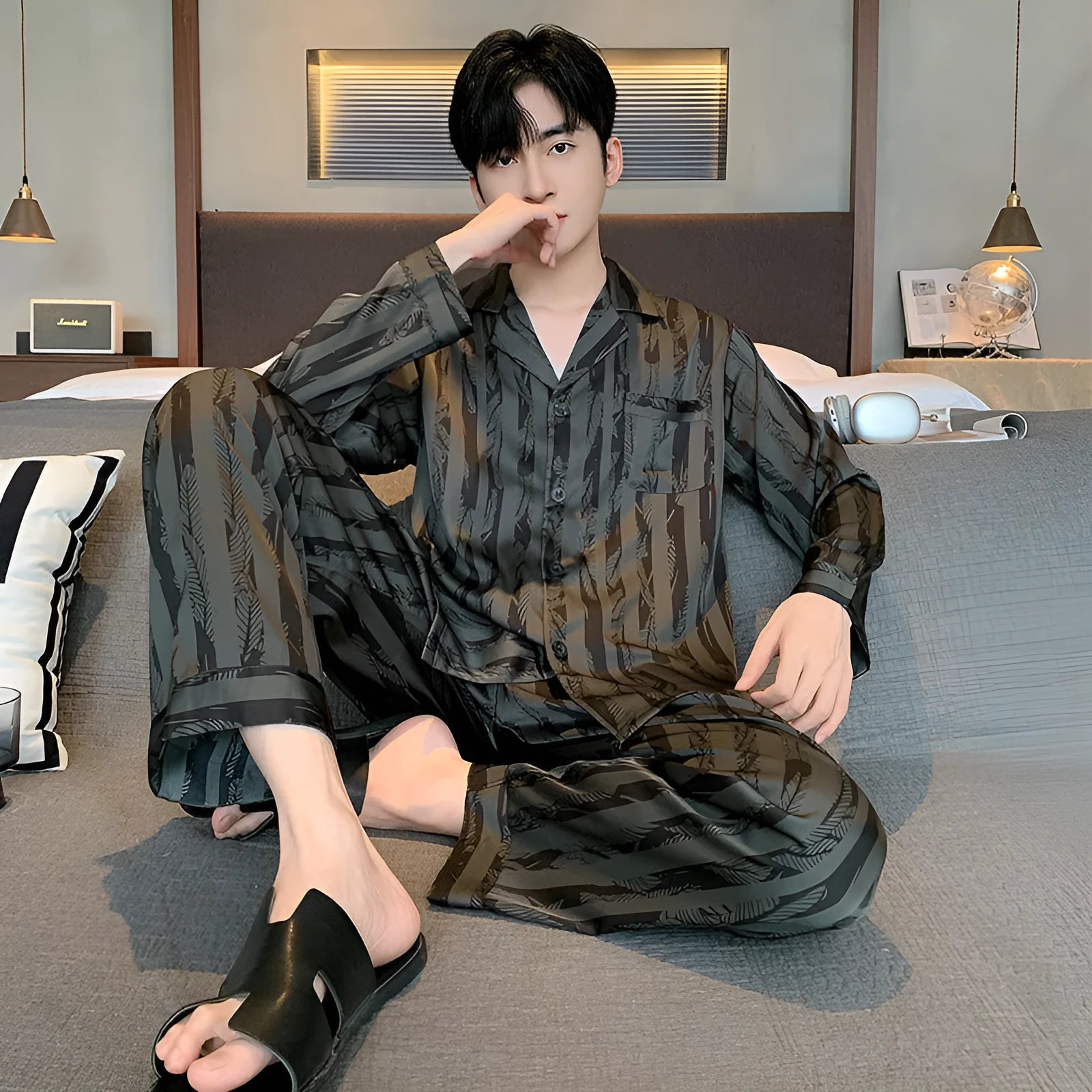 Men's black stripes ice silk pyjama set with V-neck top and long trousers