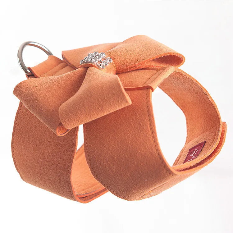 Cute fashion bowknot puppy chest strap harness in microfiber, shown in pink, blue, and orange colour options.