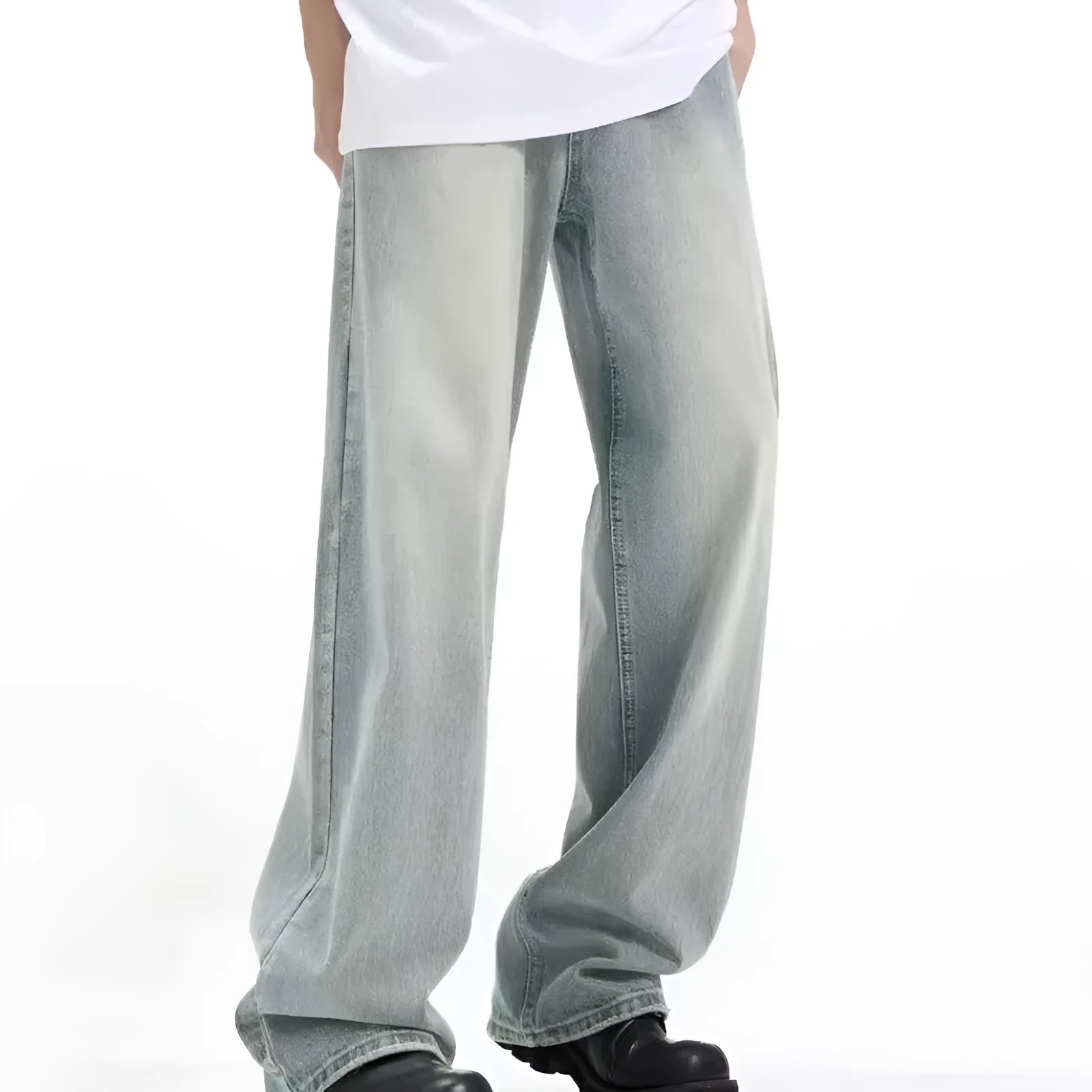 A pair of loose-fitting blue retro trousers made from rabbit fur fabric.