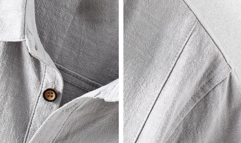 Men's loose fit linen casual shirt in solid colours including milky white, navy blue, light grey, and sky blue