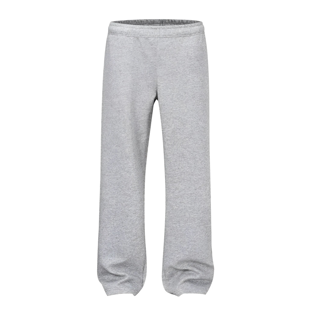 Men's grey cotton trousers with straight wide-leg fit on hanger