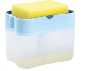 Plastic kitchen soap dispenser in silver with pump top on countertop
