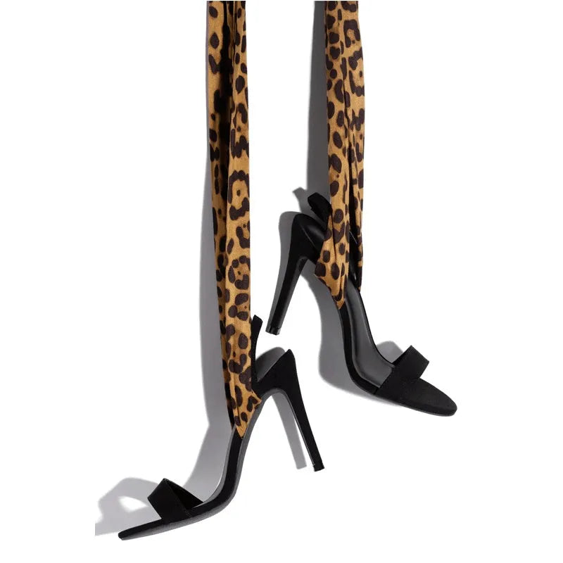 Light brown leopard print Roman sandals with cross-straps and above 8cm heel