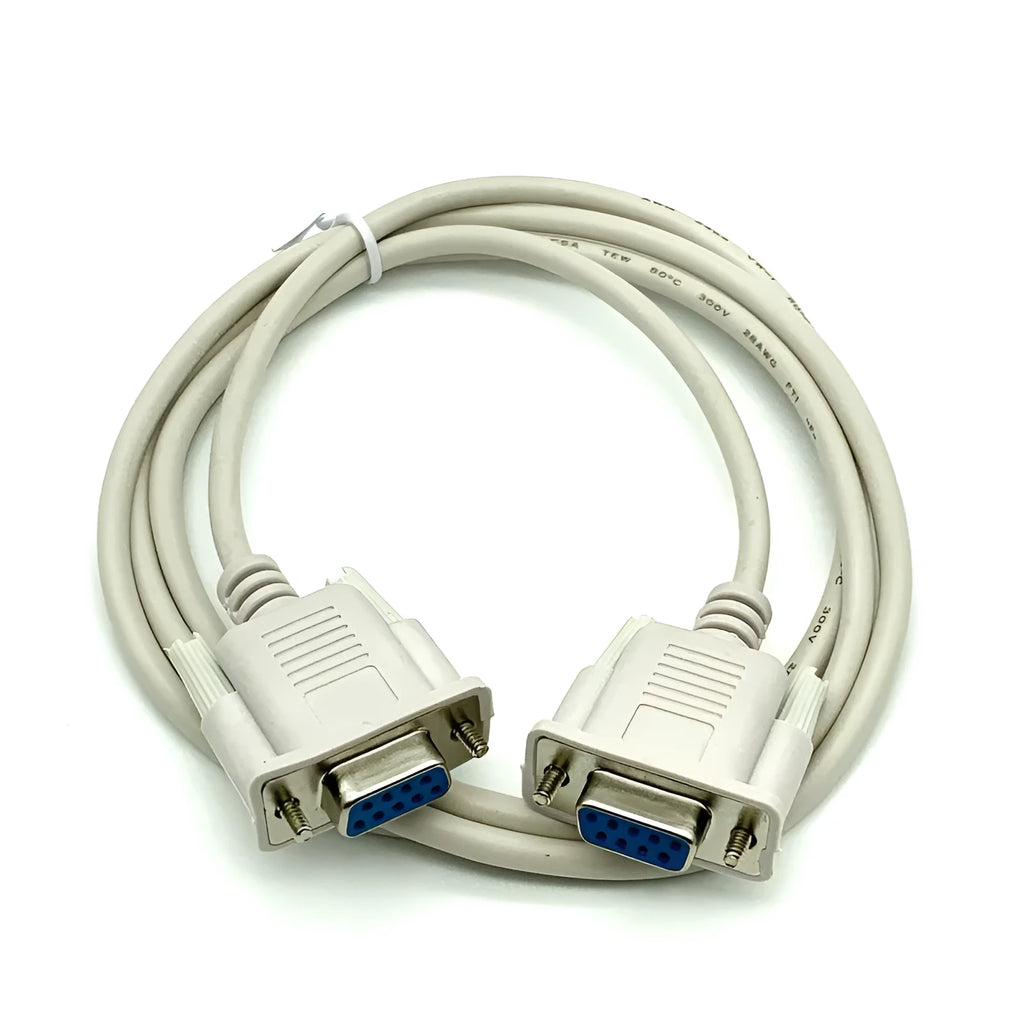 DB9 female-to-female RS232 serial crossover cable, 1.5 metres long, milky white colour