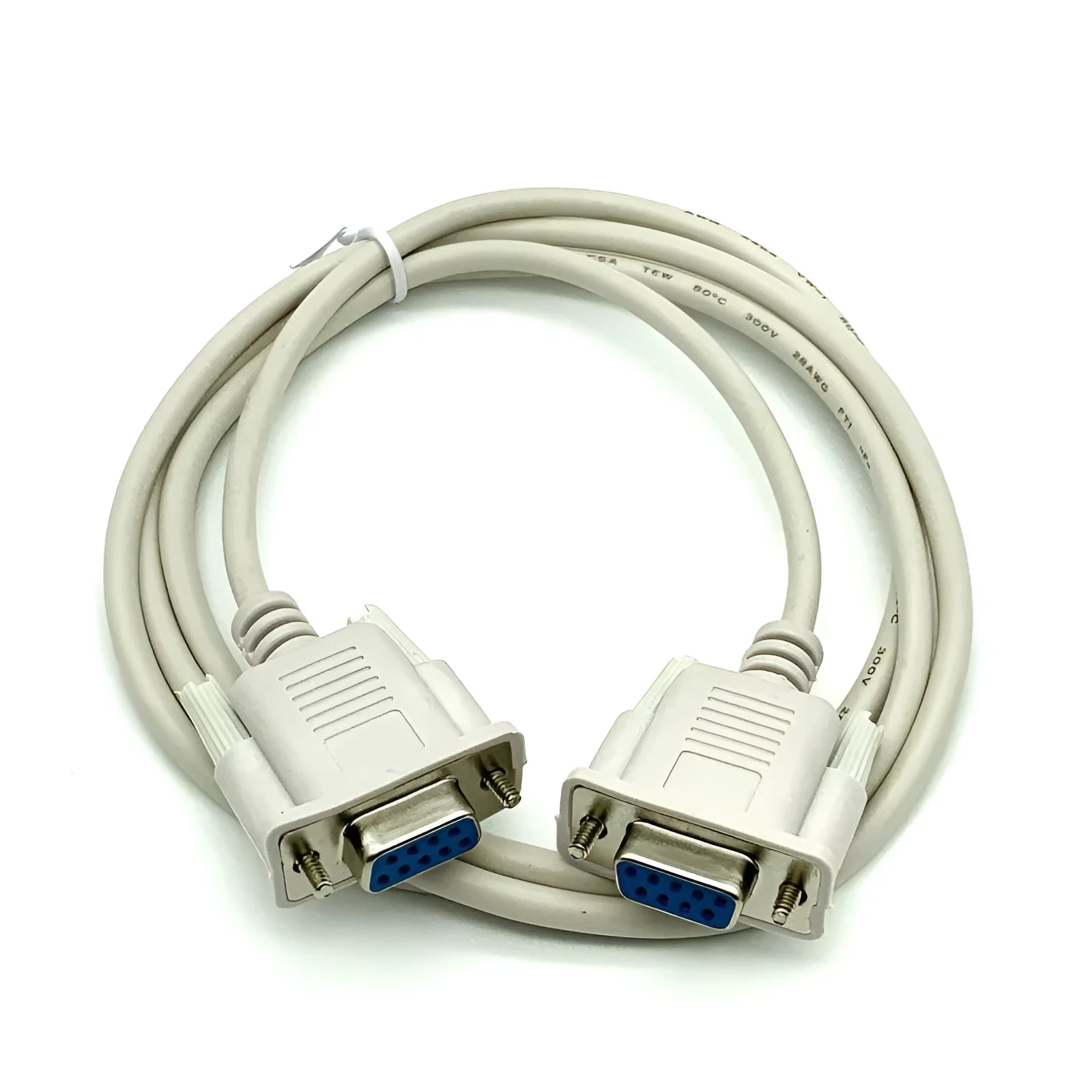 DB9 female-to-female RS232 serial crossover cable, 1.5 metres long, milky white colour