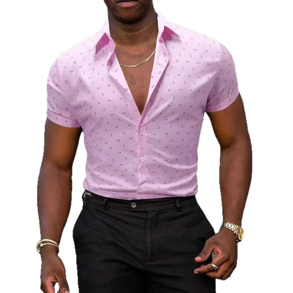 Men's light blue floral print short-sleeved shirt with cardigan style and stretch polyester fabric