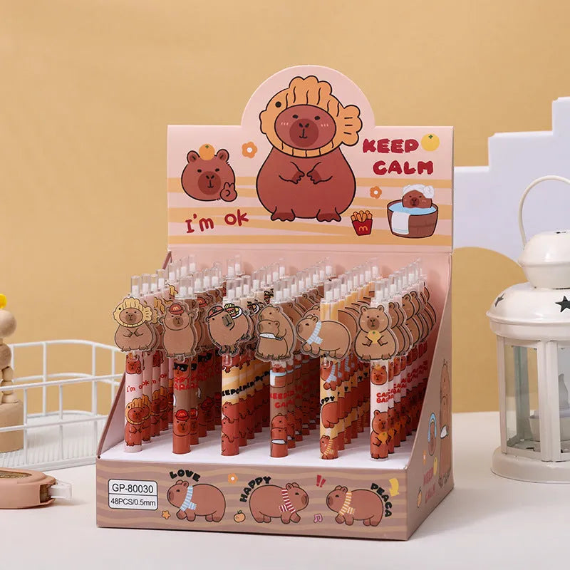 Box of 48 cartoon bear themed acrylic paster pressing gel pens with carbon black ink.