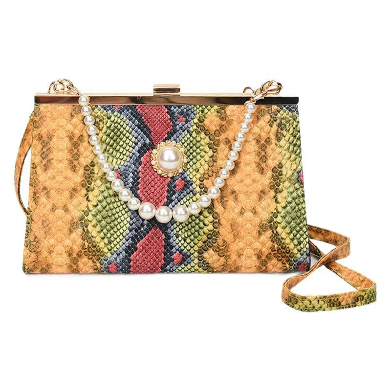 New vintage snake-pattern pearl-chain evening bag in khaki with hard rectangular shape and single strap