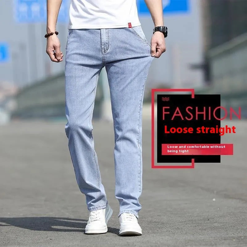Men's autumn smoky grey straight leg jeans with high elasticity and low waist design