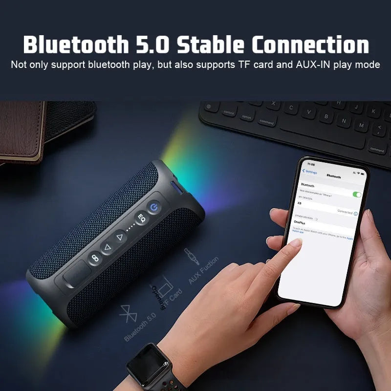 Black and blue fabric wireless Bluetooth speaker with 40W output, card slot, and lighting
