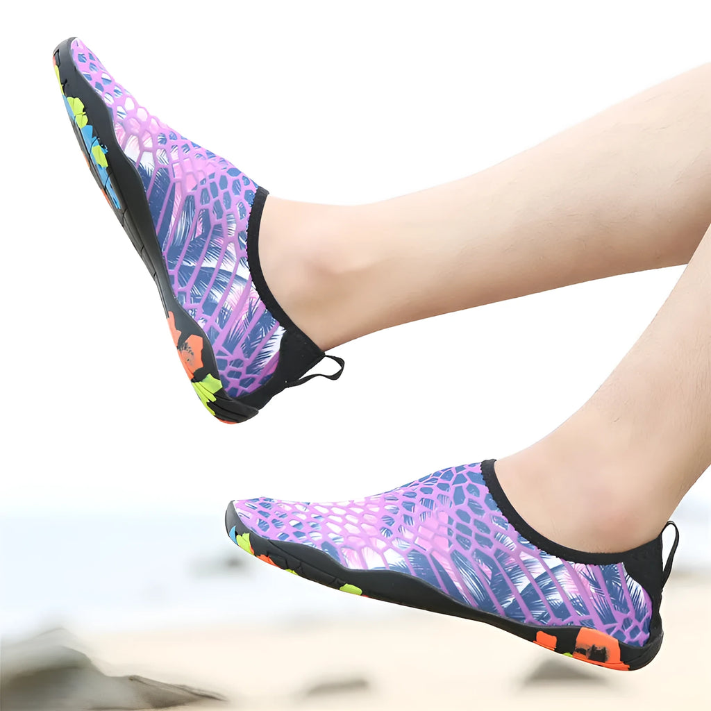 Blue beach wading shoes with Lycra fabric upper and EVA sole for swimming and water activities