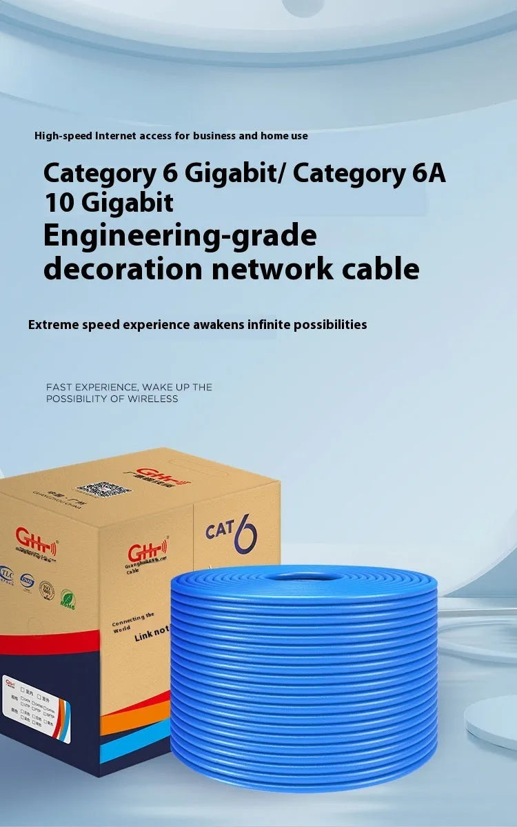 Blue and grey Cat6 UTP network cable with oxygen-free copper conductors in 305-metre bulk packaging