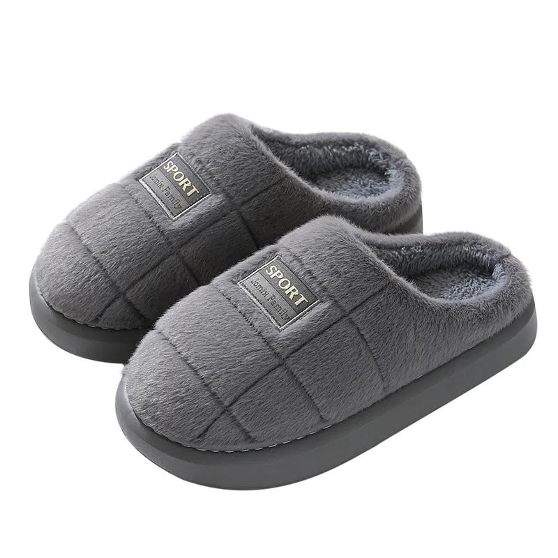 Men's grey and brown plaid rabbit hair slippers with thick wool lining and a flat EVA sole.