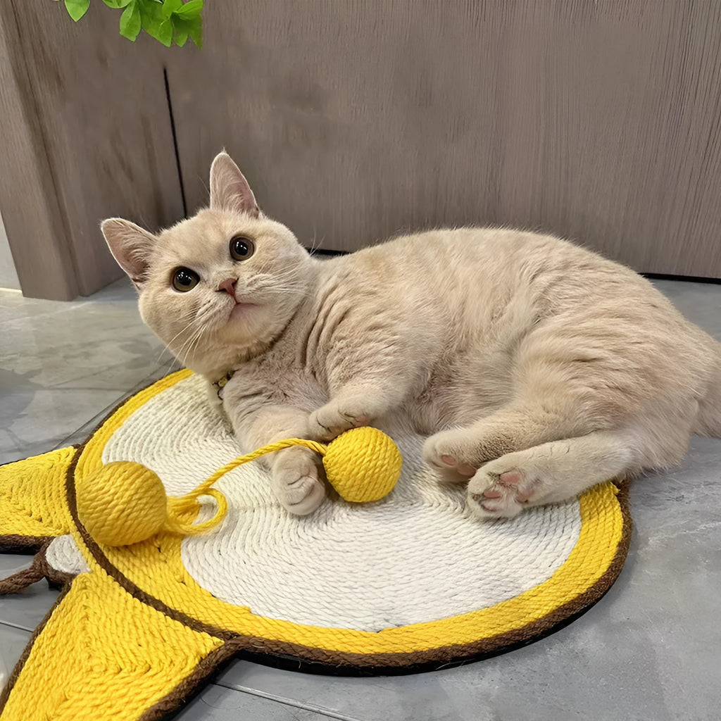 Yellow cat scratching board with corgi butt design, made from sisal with anti-slip base