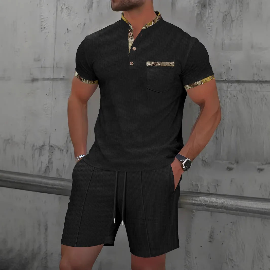 Men's grey zip-front polo collar short sleeve top paired with matching shorts, a casual summer suit set.
