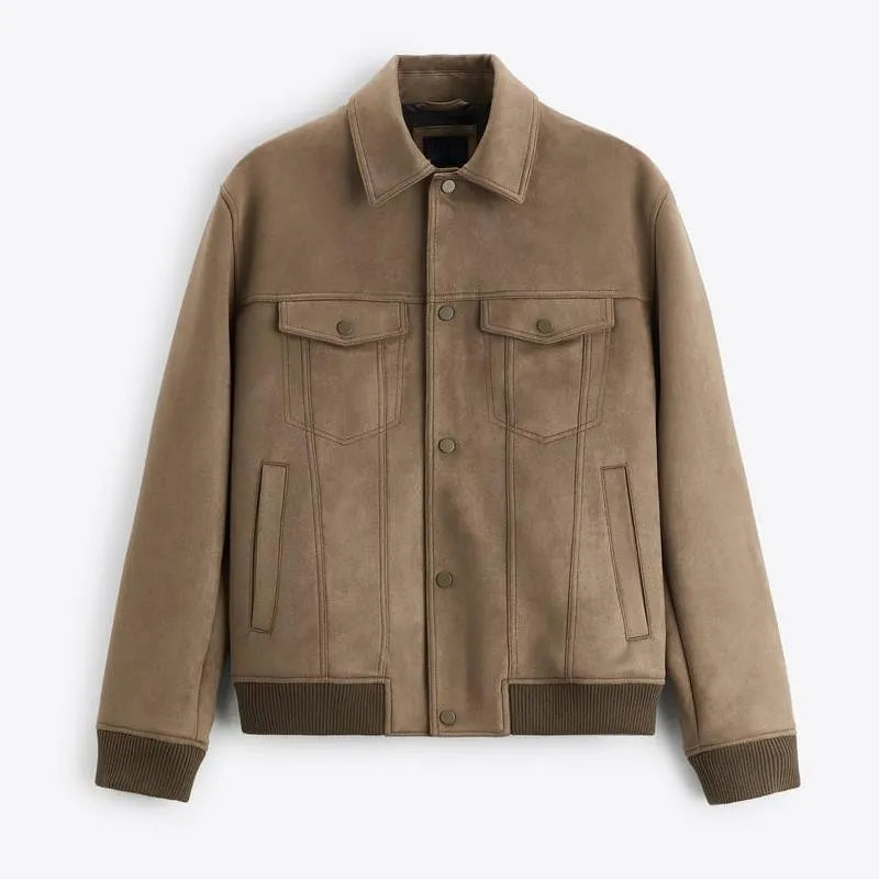 British style commuter suede velvet jacket in light grey or mink colours with long sleeves