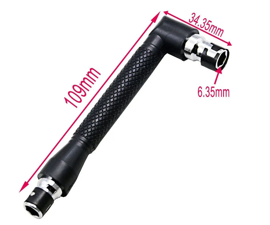 L-shaped double-headed socket wrench with 10 screwdriver bits on work surface