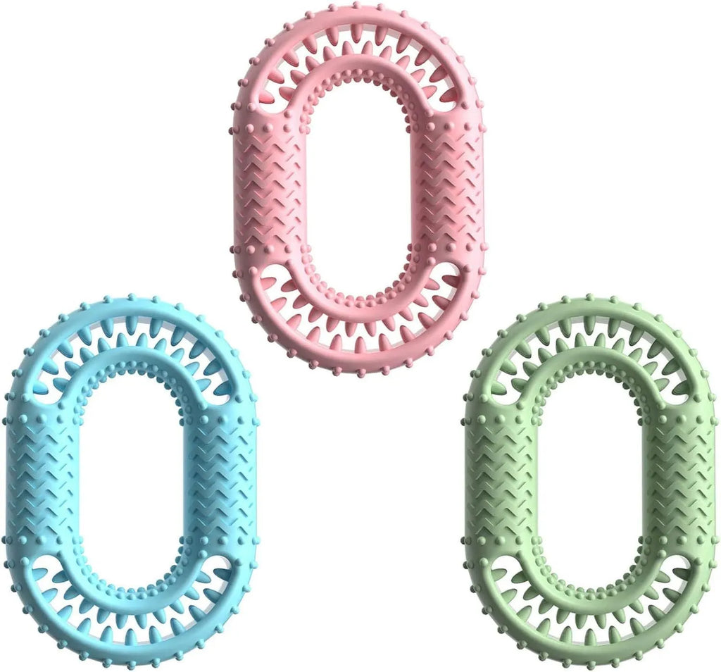 O-ring shaped dog chew toy for aggressive chewers in blue, green and pink colour options