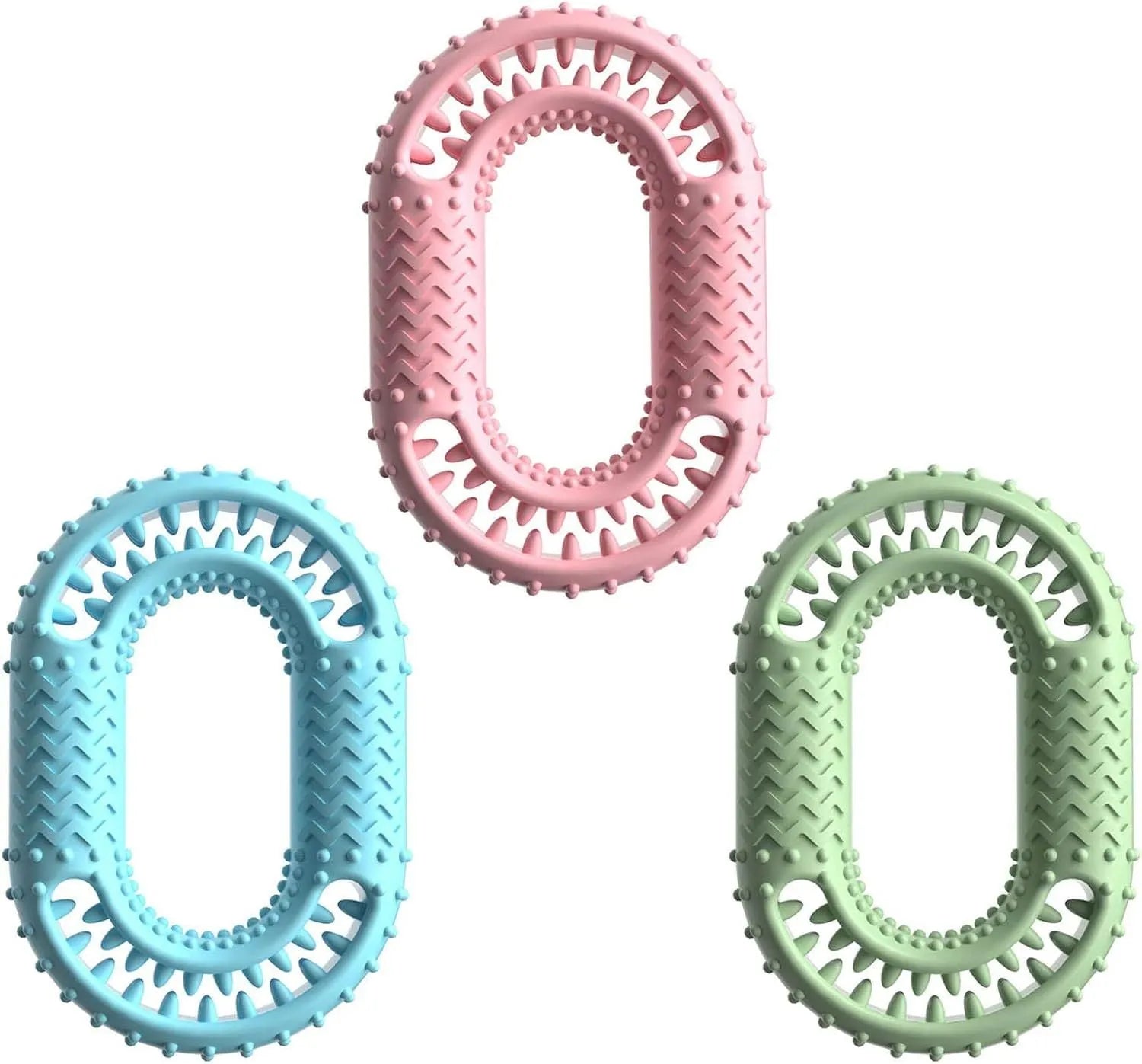 O-ring shaped dog chew toy for aggressive chewers in blue, green and pink colour options