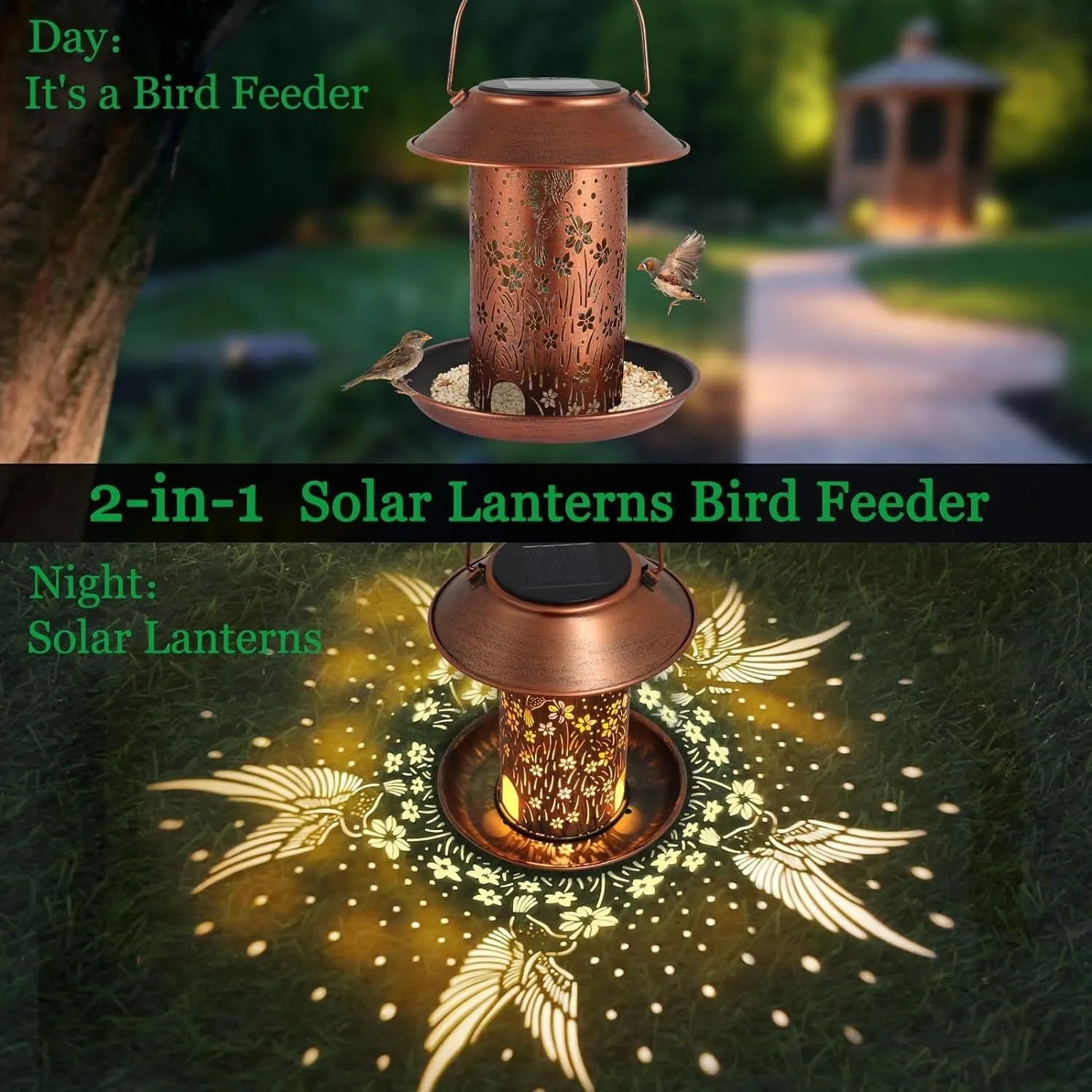 Solar-powered hummingbird pattern bird feeder with integrated garden lighting in iron art construction