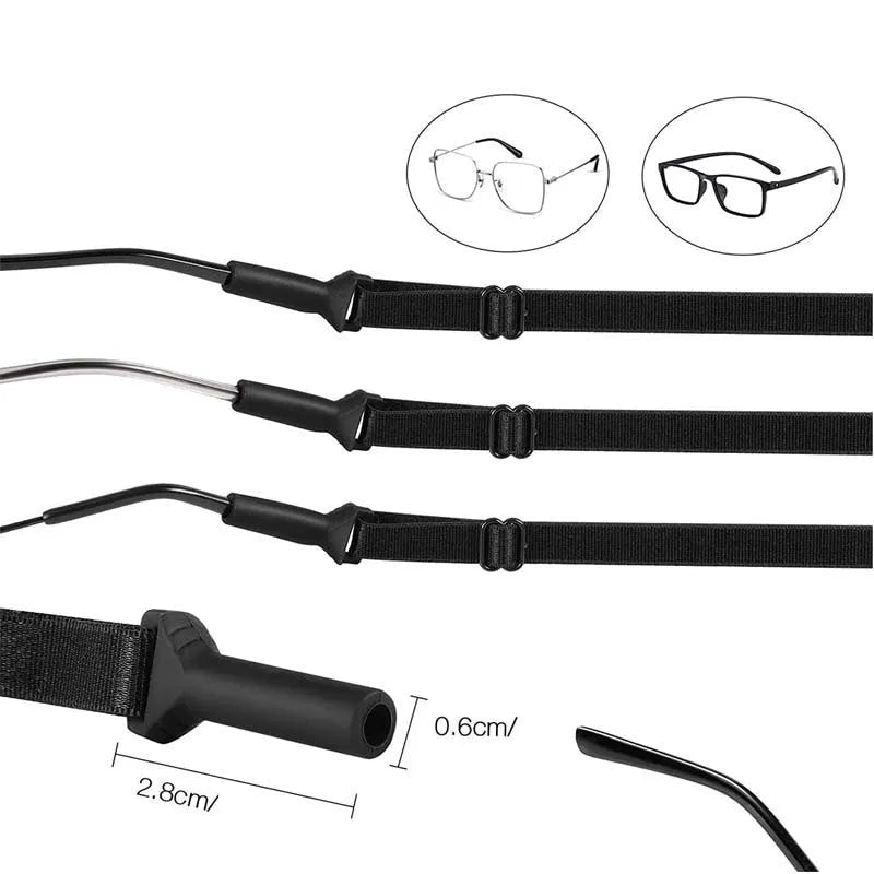 Black adjustable glasses cord with silicone earpieces and fibre rope in adult and children's sizes