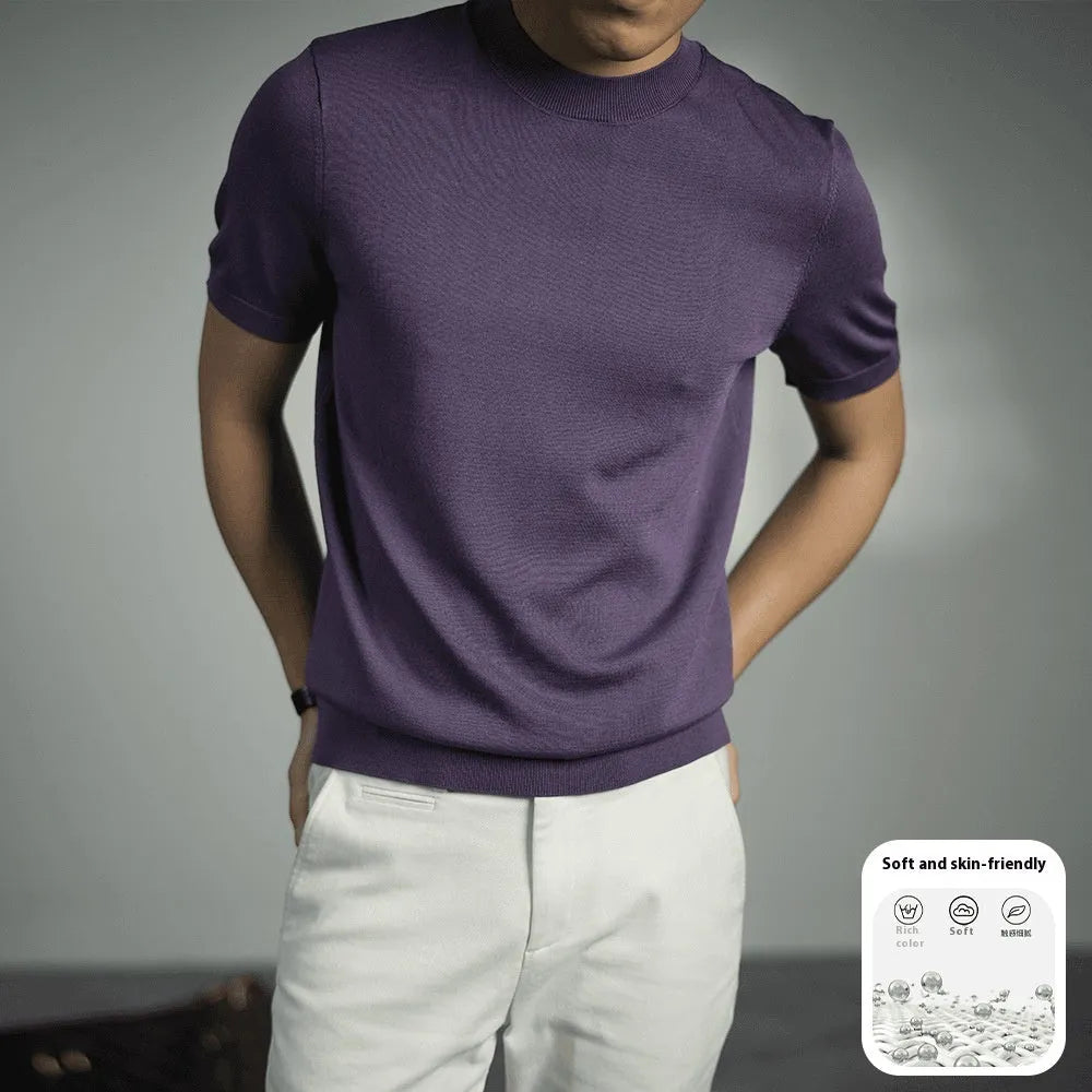 Men's non-ironing knitted T-shirt in a solid colour with round neck and short sleeves.