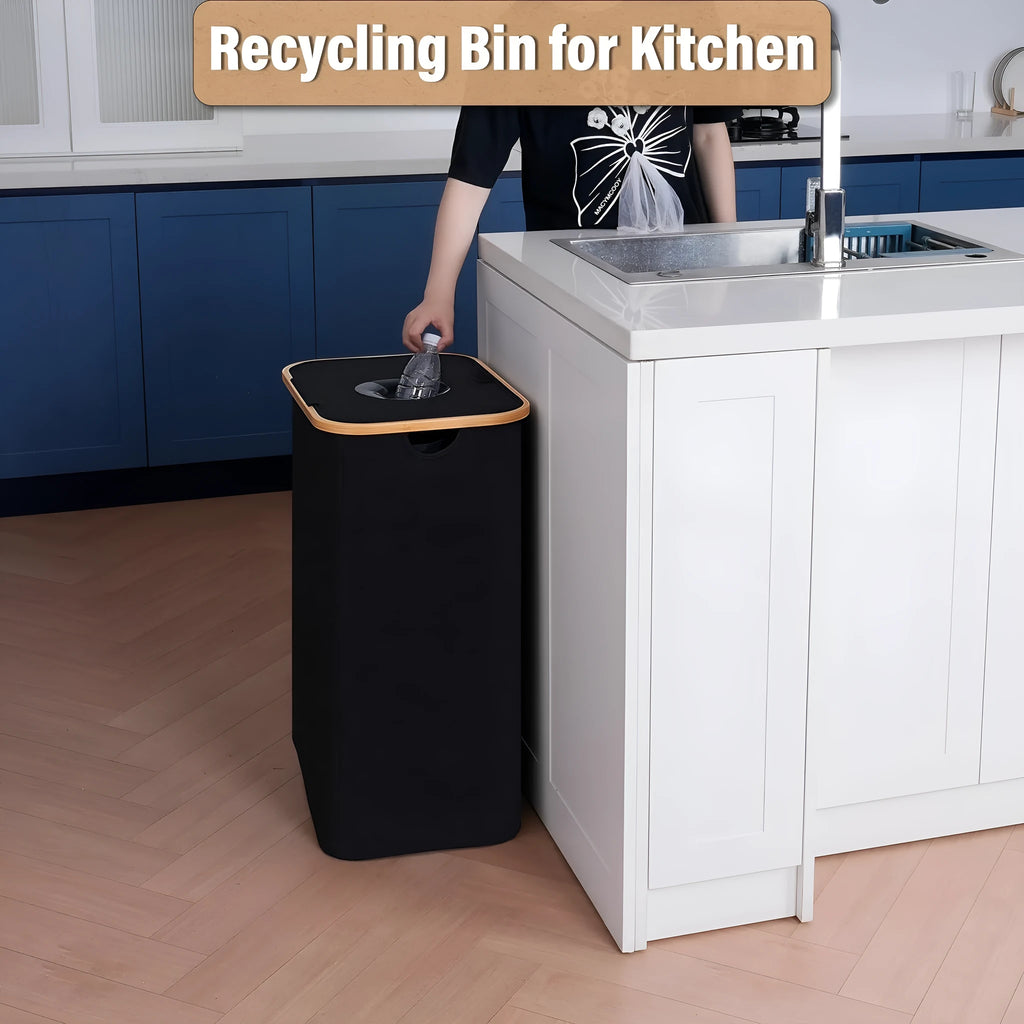 Black bamboo storage basket with lid showing removable bottle compartment and ventilation holes